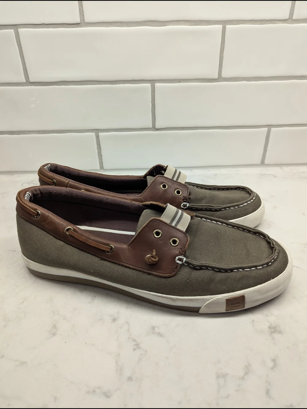 Tommy Hilfiger Olive Canvas and Brown Trim Men’s Boat Shoes
